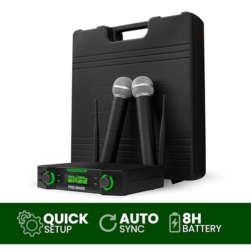 Pro Bass UF‑224 Dual UHF Wireless Microphone System – 24-Channel, Auto Sync, Clutter Suppression, XLR 1/4” Outputs – 8h Battery – Hard Carry Case – Ideal for Church, Events, Karaoke, Weddings