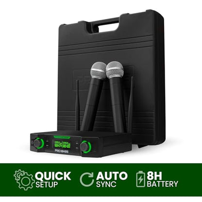 Pro Bass UF‑224 Dual UHF Wireless Microphone System – 24-Channel, Auto Sync, Clutter Suppression, XLR 1/4” Outputs – 8h Battery – Hard Carry Case – Ideal for Church, Events, Karaoke, Weddings