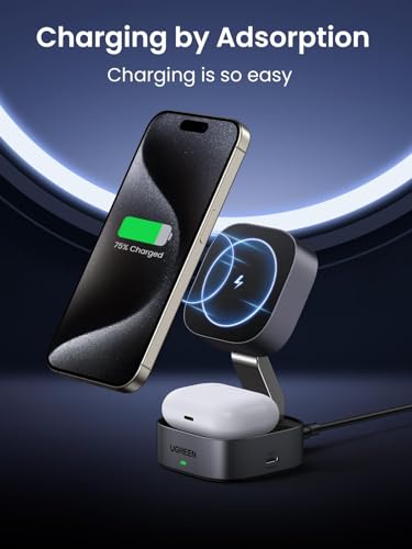 UGREEN MagFlow 2-in-1 Foldable Magnetic Wireless Charging Station | Adjustable Angle, Pocket-size Travel Design, for iPhone 17-12 Series and AirPods, USB C Cable Include