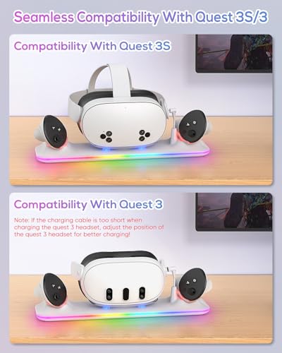 18W VR Charging Dock for Meta Quest 3S/Quest 3 Headset & Controller | Fast Magnetic VR Charging Station Stand for Oculus 3S/3 Accessories, RGB Light, 2 Rechargeable Batteries & Controller Covers - color: White