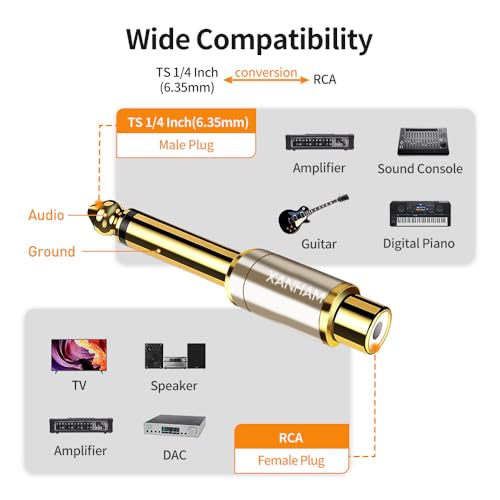 RCA Female to 1/4 Inch 6.35mm TS Male Mono Plug Adapter Solid Copper Gold-Plated Connector 2 Pack