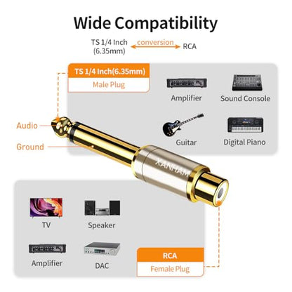 RCA Female to 1/4 Inch 6.35mm TS Male Mono Plug Adapter Solid Copper Gold-Plated Connector 2 Pack