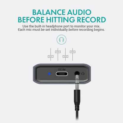 Movo UMX-1 USB Microphone Hub – 4-Port Powered USB Interface for Podcasting & Streaming Mics – Low-Noise, High-Speed