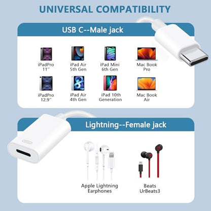 USB C to Lightning Headphone Audio Adapter for iPhone 17 16 15 Plus Pro Max with Charge Data,Type C Male to Female Lightning Earphone Converter Dongle for iPad Pro Air Mini MacBook