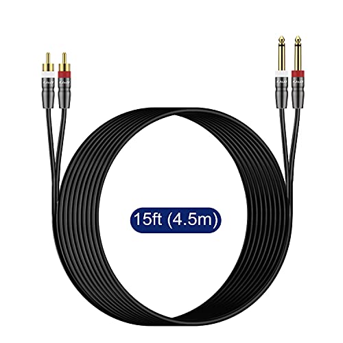 J&D Dual 1/4 inch TS to Dual RCA Cable, Heavy Duty 1/4 Male to RCA Male Adapter Stereo Audio Interconnect Quarter inch Cable, 1/4 to RCA Cable for Speaker, Mixer, Amplifier, TV, 15 Feet - size: 15 Feet