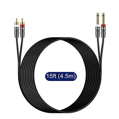J&D Dual 1/4 inch TS to Dual RCA Cable, Heavy Duty 1/4 Male to RCA Male Adapter Stereo Audio Interconnect Quarter inch Cable, 1/4 to RCA Cable for Speaker, Mixer, Amplifier, TV, 15 Feet - size: 15 Feet