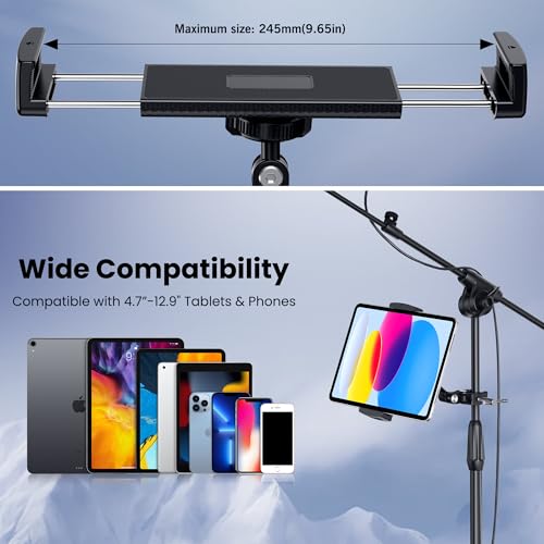 CreaDream iPad Holder for Mic Stand, Aluminum Tablet Holder for Mic Music | Adjustable Tablet Holder for Micphone Stand, Heavy Duty iPad Clip Attachment Compatible with Devices from 4.7 to 13 inch