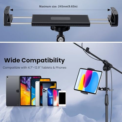 CreaDream iPad Holder for Mic Stand, Aluminum Tablet Holder for Mic Music | Adjustable Tablet Holder for Micphone Stand, Heavy Duty iPad Clip Attachment Compatible with Devices from 4.7 to 13 inch