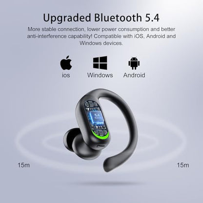 Wireless Earbuds, Sports Bluetooth 5.4 Headphones, Digital Display, Bass Sound 60Hrs Playtime, Over-Ear Hook with Mic, Fast Charging Digital Display IPX7 Waterproof Earphones for Running/Sports