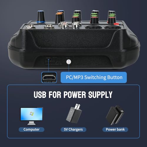 DJ Audio Mixer, DJ Mixers 4 Channel Sound Board with Bluetooth, NEW BAXS Sound Mixer Board XRL/1/4" Interface, USB/MP3 Computer Input 48V Phantom Power Stereo DJ Studio Streaming KTV Stage,Balck