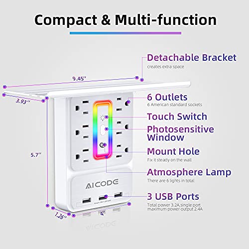 AICODE USB Outlet Extender with Shelf, RGB Night Light, 6 Outlets, White | 9-in-1 Surge Protector, 3 USB Ports (3.2A), 900J, 1875W, Compact Wall Plug Adapter for Home Kitchen Dorm