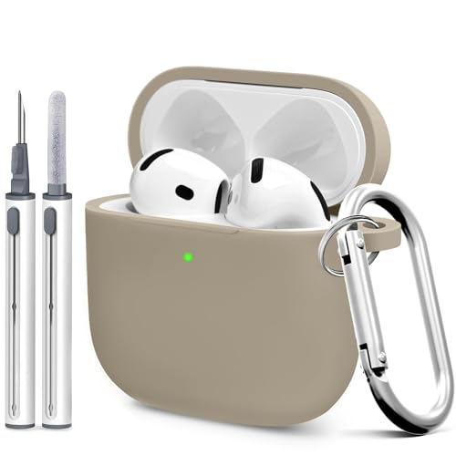 Silicone Case Cover for AirPods 4th Gen, Soft Skin, Full Protection, Keychain, Cleaner Kit (Milk Tea) - color: A5-Milk Tea
