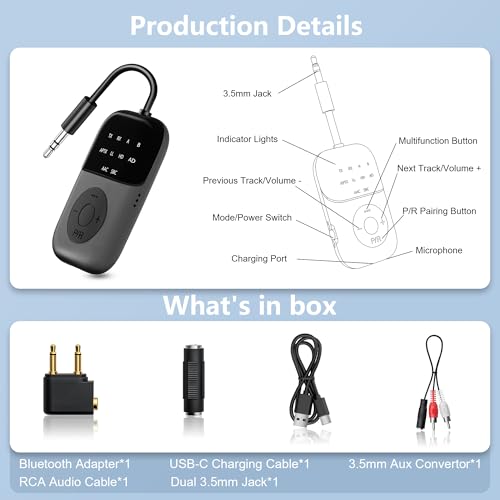Bluetooth 5.4 Transmitter Receiver,2-in-1 Airplane Bluetooth Adapter | Dual Headphones & 24H Battery Life for TV, Airplane, Car, Tablets, Wireless TV Headpset, Compatible with AirPods & aptX