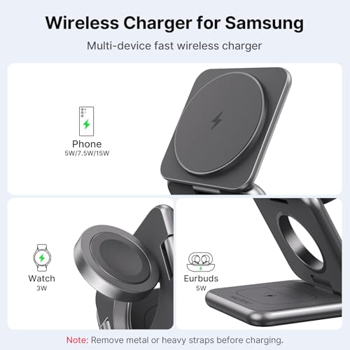 KU XIU 3 in 1 Charging Station for Samsung Phone Watch Buds | Aluminum Alloy Foldable Wireless Charger for Samsung Galaxy S26 S25 Ultra/Galaxy Buds, for Galaxy Watch Ultra 8 7 6 5 4 - color: Grey 1