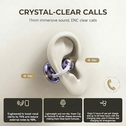 Clip-on Earbuds Hybrid Active Noise Cancel Ultra Comfort All-Day Wear Fit | Wireless Earbuds Bluetooth 5.4 w/ C-Shape Frame & Slim Hooks | 60H Playtime, Light Build for Glasses Wearers & Fitness Users - color: Purple
