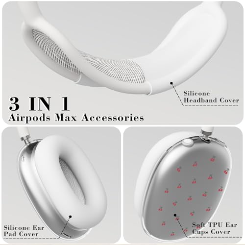 Cherry White Silicone Case for AirPods Max, Soft TPU Ear Cups Cover/Ear Pad Covers/Headband Cover, Transparent Anti-Scratch Protection Case for Apple AirPods Max(2024/2020) for Women - color: Cherry/White