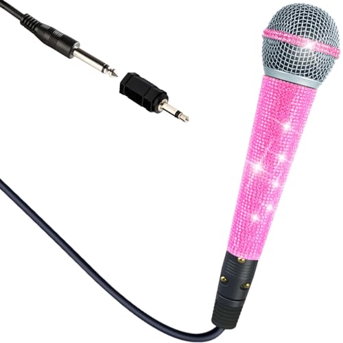 Pink Wired Karaoke Microphone with Rhinestones Sleeve Decoractive | Sparkly dynamic mic for karaoke, singing, parties and speeches with 11.5 ft XLR cable, 6.35mm plug and 3.5mm adapter