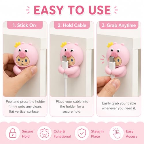 Adorable Pink Piggy with Crown Cable Organizer (2-Pack), Cute Cartoon Cable Clips, Self-Adhesive Wire Holder for Desk, Nightstand, Home & Office Cable Management - color: pink-1
