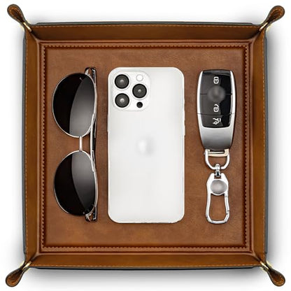 VLANDO Travel Valet Tray, Foldable PU Leather Catchall Tray, Light Brown - color: Light Brown, size: Square