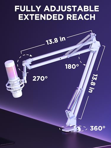 InnoGear Boom Arm 마이크 스탠드 Blue Yeti Fifine HyperX용, 화이트 | 책상 마운트, 데스크탑 스탠드, 조절 가능한 범위, 완전히 회전, 컴팩트하게 접힘, 게임, 스트리밍 또는 녹화용 - color: 화이트., style: 표준 마이크 암