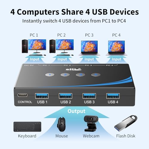 eKL USB 3.0 Switch 4 Computers Sharing USB Peripherals, 4 Port USB Switcher Sharing Mouse Keyboard Scanner Printer, with 3.5mm Headset Jack Audio Out, Includes 4 USB 3.0 Cables and Remote - size: USB3.0 4 in 4 out with desktop controller