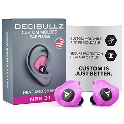 Decibullz Custom Molded Earplugs, 31dB Highest NRR, Comfortable Hearing Protection for Shooting, Travel, Swimming, Work and Concerts (Pink) - color: Pink