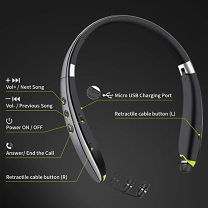 Bluetooth Headset, Neckband Bluetooth Headphones with Retractable Earbuds | 2026 Upgraded Noise Cancelling Stereo Earphones with Mic, Foldable Wireless Headphones for Sports Office w/Carry Case(Grey) - color: Grey