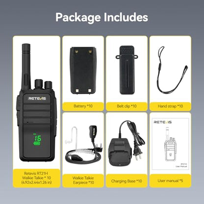 Retevis RT21H Walkie Talkies Long Range, 2 Way Radio with Earpiece 10 Pack | RT21 V2.0 for School Security, Durable FRS Two Way Radio, Shatterproof Hidden Display, Upgraded Type-C, Surveillance Headset