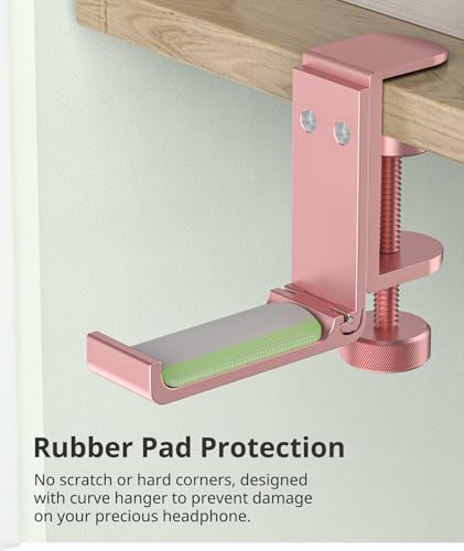 Headphone Stand for Desk – Aluminum Under Desk Headset Stand with Foldable Hook, Headphone Holder Clamp Mount for Gaming Accessories, Space-Saving Headset Hanger - color: Pink