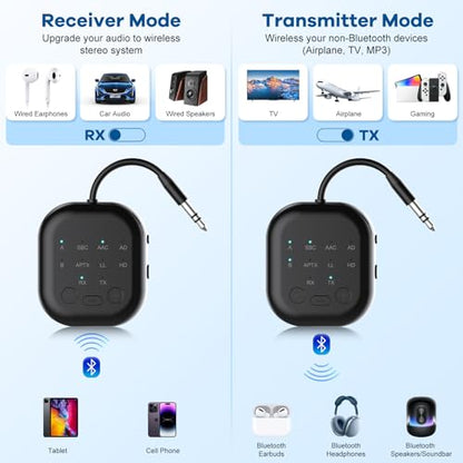 Bluetooth Transmitter Receiver,Bluetooth Audio Adapter for Airplane,WirelessTransmitter for TV,Gym, Aptx HD, Aptx Low Latency Audio for 2 AirPods/Headphones - color: Black