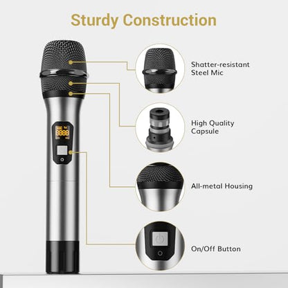 TONOR Wireless Microphones System, 2 * 15 Channel Dynamic Mics Silver*2 | UHF Handheld Metal Mic with Receiver, Pro Cordless Micro for Karaoke, Meeting, Party, Church, DJ, Wedding, KTV, 200ft, TW-820 - style: 2 Mics