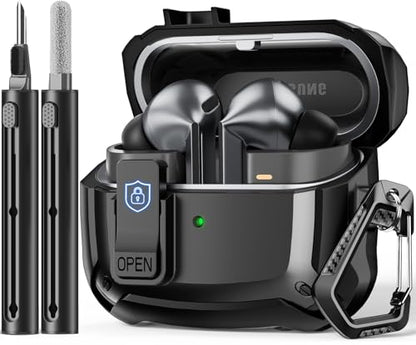 Safety Lock Case for Samsung Galaxy Buds3 FE/Pro/3 (Black) | with Cleaning Kit & Keychain,Mecha Protective Case - color: A-A-A-A-Black