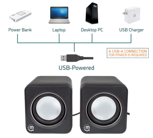MANHATTAN USB Powered Stereo Speakers, 3.5mm Audio Plug, Volume Control, Bl | USB bus- compact pair with inline level knob, 3 ft lead, 90 Hz-20 kHz response, 166898 - color: Black Silver