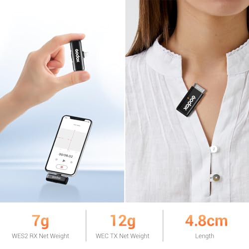 GODOX WES1 Kit1 Lightning Wireless Microphone | MFi Certified Plug & Play, 7g Ultralight, Noise Cancelling, 656ft Range, For iPhone iPad Vlog Live Stream