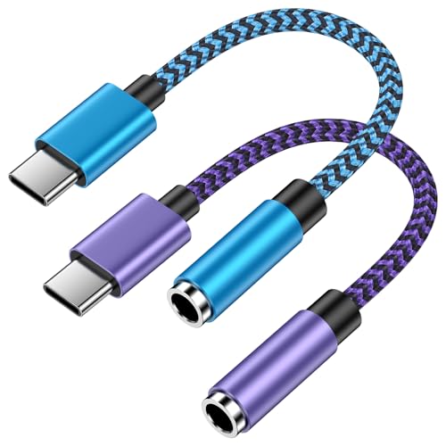 [2-Pack] USB C to 3.5mm Aux Adapter for Samsung Galaxy A17/A16/A56, DAC | Type C Headphone Dongle Chip with Music & Mic for Galaxy A36/A26/S26/S25, iPhone 17/16, Pixel 10/9, Car & Gaming Headset - color: Blue&Purple