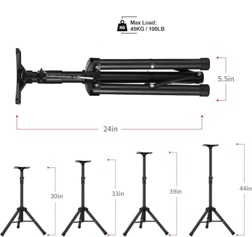 Universal Speaker Stand Tripod, Adjustable Height Range from 30 inches to 44 inches, can Support up to 100 pounds, Easy to Move, Strong Stability, Black Color