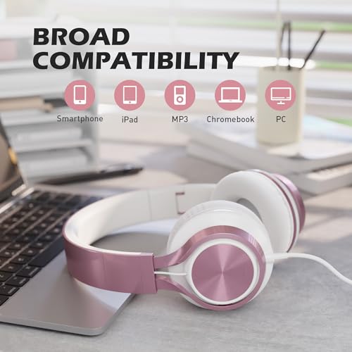 AILIHEN C8 유선 헤드폰, 마이크 포함, 어린이 학교용, 3.5mm 잭, 로즈 골드 | 볼륨 컨트롤이 있는 온이어 소음 차단 헤드폰, 휴대폰, 크롬북 노트북 컴퓨터용 접이식 유선 헤드셋 - color: 로즈 골드., size: 미디엄