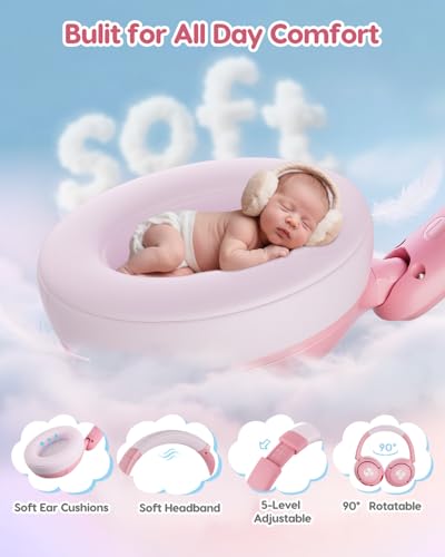 awatrue Kids Bluetooth Headphones, 85dB Volume Limiter, Pink HK02 | Foldable Wireless, Bluetooth 5.4, 75H Playtime, Built-in Mic, for iPad & Travel - color: Pink