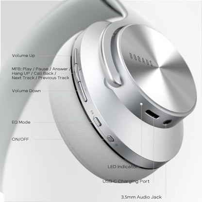 DOQAUS Bluetooth Headphones Over Ear, 90H Playtime, 3EQ Mode, with ENC Mic | Hifi Stereo Sound, Lightweight, Headphones Wireless with Soft Memory Foam Earpads, Deep Bass for Home Office Cellphone PC - color: Sliver