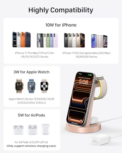 Anlmz 3 in 1 Charging Station for iPhone, Wireless Charger for iPhone 17 16e 16 15 14 13 12 11 X Pro Max & Apple Watch - Charging Stand Dock for AirPods (Rose) - color: Rose