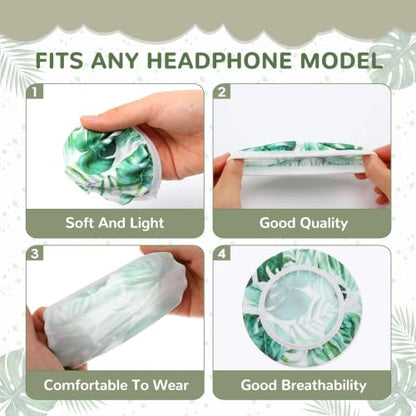 Fanfanwin 2 Pairs Monstera Leaf Flex Fabric Headphones Covers Green Stretchable Washable Ear Cup Protectors Sweat Resistant Ear Pad Sleeves Headphone Accessories for Gym Library Gaming 3.54inch - style: Monstera Leaf