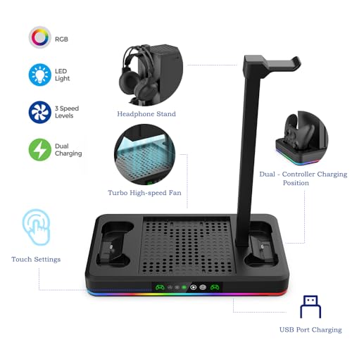 Cooling Fan & Charging Stand for Xbox Series X/S Console & Controller,Vertical Cooler System Dual Charger Station Dock Accessories for Xbox Series S/X with RGB Lights，Independent Headset Stand
