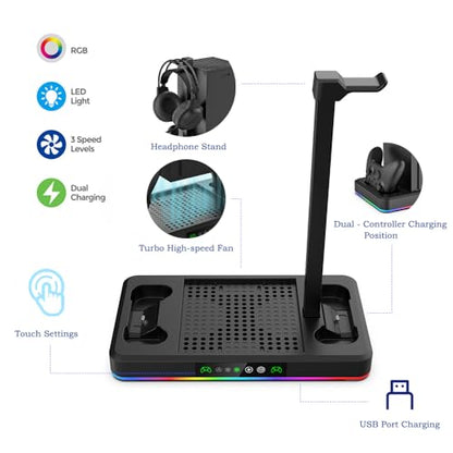 Cooling Fan & Charging Stand for Xbox Series X/S Console & Controller,Vertical Cooler System Dual Charger Station Dock Accessories for Xbox Series S/X with RGB Lights，Independent Headset Stand