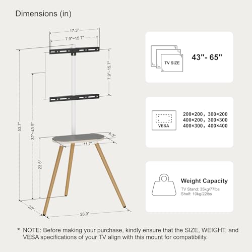 Tripod TV Stand for 43-65" TVs, Swivel, White | Height-adjustable easel TV stand, wood media shelf, cable management and VESA up to 400x400 - color: White, size: 43–65 Inch TVs
