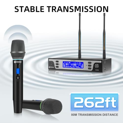 Debra Wireless Microphone System, UHF Dual Handheld Metal Mics with LCD Screen, 262ft Long Range, Cardioid Dynamic Mic for Clear Vocal, XLR/6.35mm Output for Karaoke, Party, Church, Live Performance