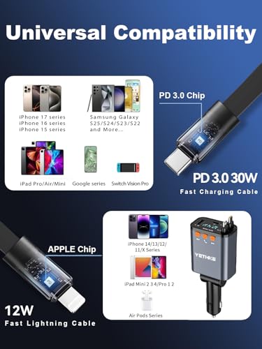 Bluetooth Car Adapter with Retractable Charger,[Upgrade] Bluetooth 5.4 FM Transmitter for Cars, 4 in 1 Fast Car Charger 69W, Handsfree Call, 2*Retractable Cable for iPhone 17/16/15/14, Galaxy-Gray - color: Gray