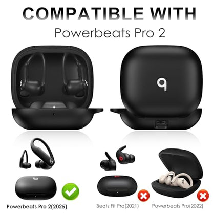 for Beats Powerbeats Pro 2 Case Cover, Top Logo Visible | Soft Silicone Shockproof Protective Skin Case for Beats Powerbeats Pro 2 2025 with Cleaner Kit & Carabiner, Black - color: Black