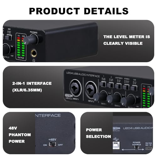 U204 USB Audio Interface for PC Computer Recording Music, 2x2 Guitar Audio Interface for Mac 32Bit/192kHz Podcasting Streaming for Vocalist Producer with 48V Phantom