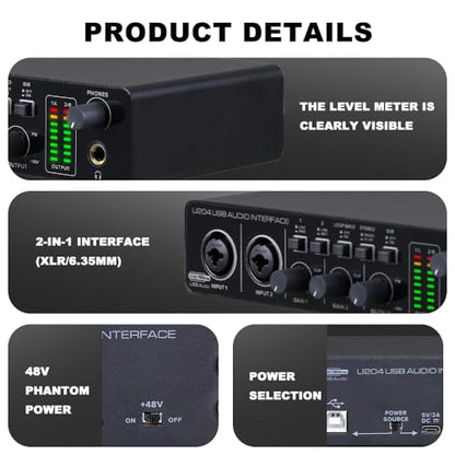 U204 USB Audio Interface for PC Computer Recording Music, 2x2 Guitar Audio Interface for Mac 32Bit/192kHz Podcasting Streaming for Vocalist Producer with 48V Phantom