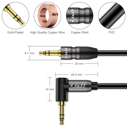 J&D 1/8 Stereo Cable, 3.5mm Extension Double Male Stereo Audio Aux Jack to Jack Cable 90 Degree Right Angle for Phone Tablet MP3 Player and All Other Devices, 10 Feet (Pack of 2) - size: 10 Feet (Pack of 2)